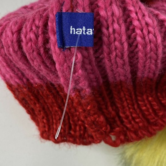 Hat Attack Womens Fur Pom Pom Knit Happy Stripes Beanie NWOT Red/Pink/Yellow - Picture 5 of 6